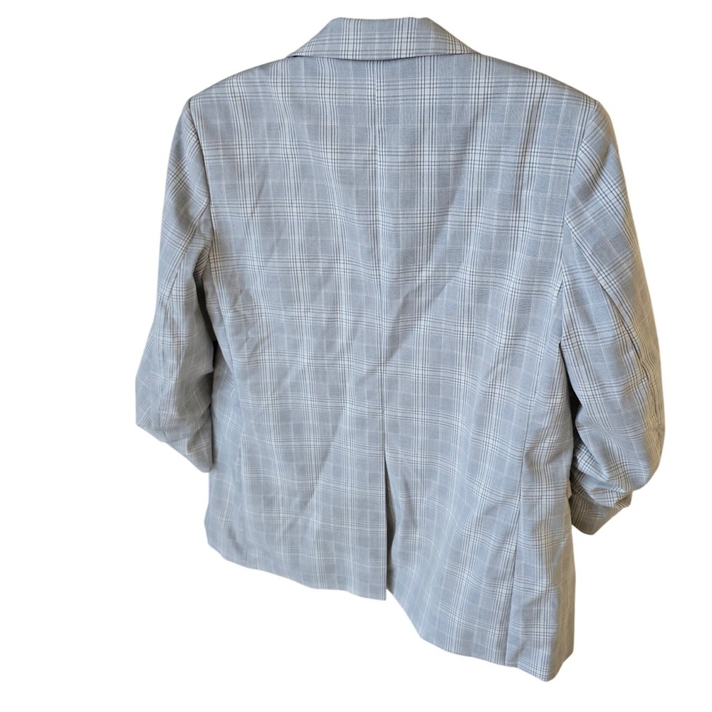 H&M Plaid Blazer Ruched Sleeve Open Front Women Size 6 Gray White - Picture 5 of 6